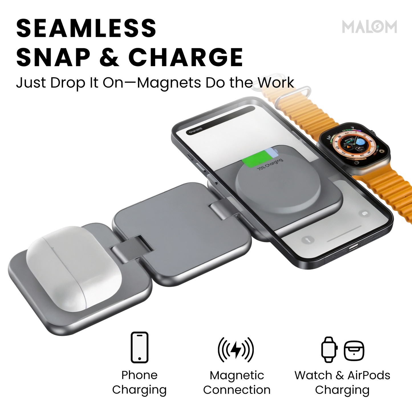 MALOM S21 Aluminum 3 in 1 Magnetic Fordable Wireless Charger-Titanium