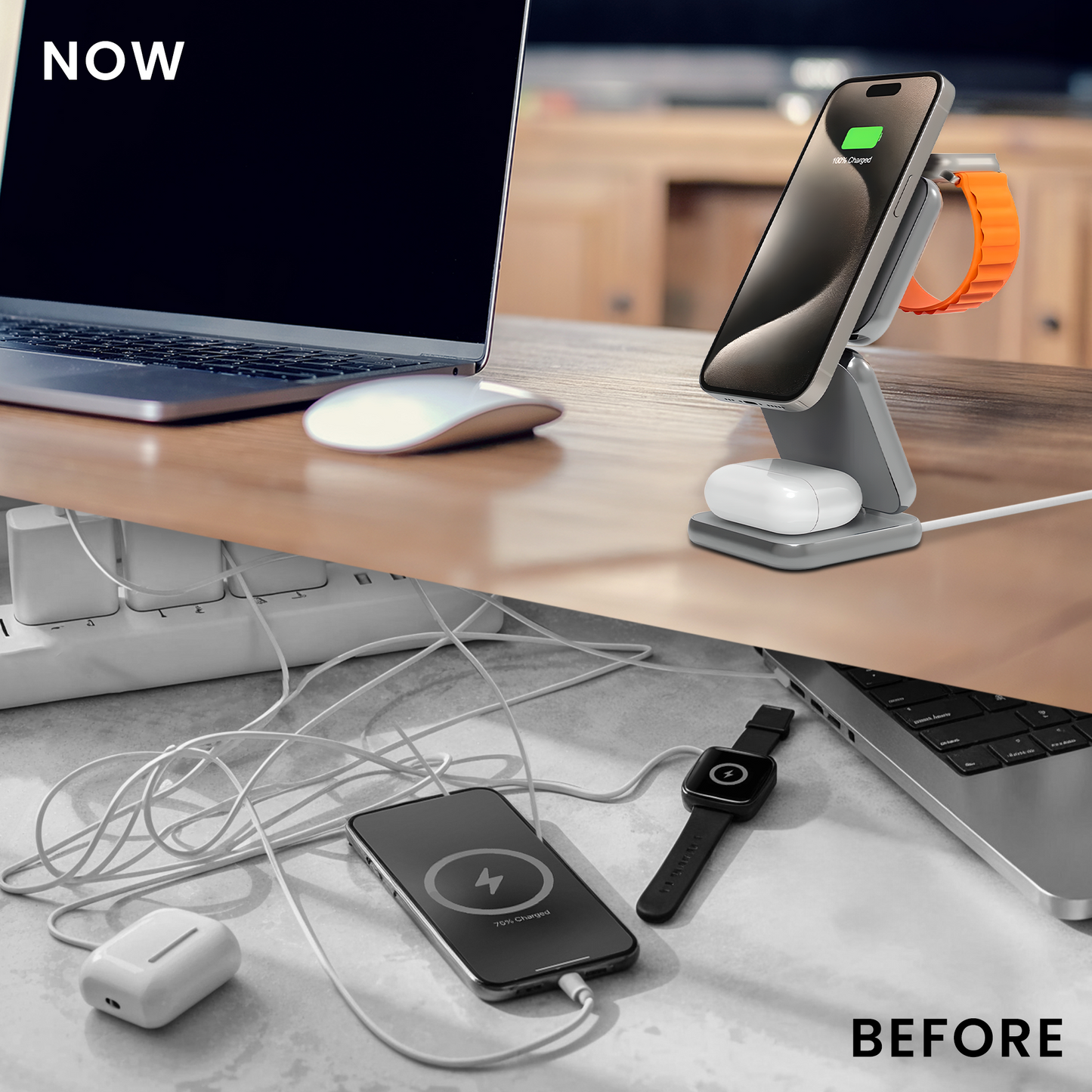 MALOM S21 Aluminum 3 in 1 Magnetic Fordable Wireless Charger-Titanium