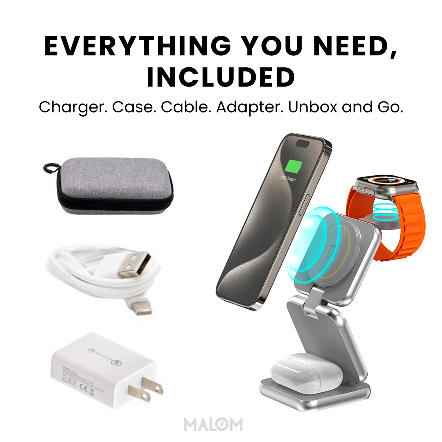 MALOM S21 Aluminum 3 in 1 Magnetic Fordable Wireless Charger-Titanium