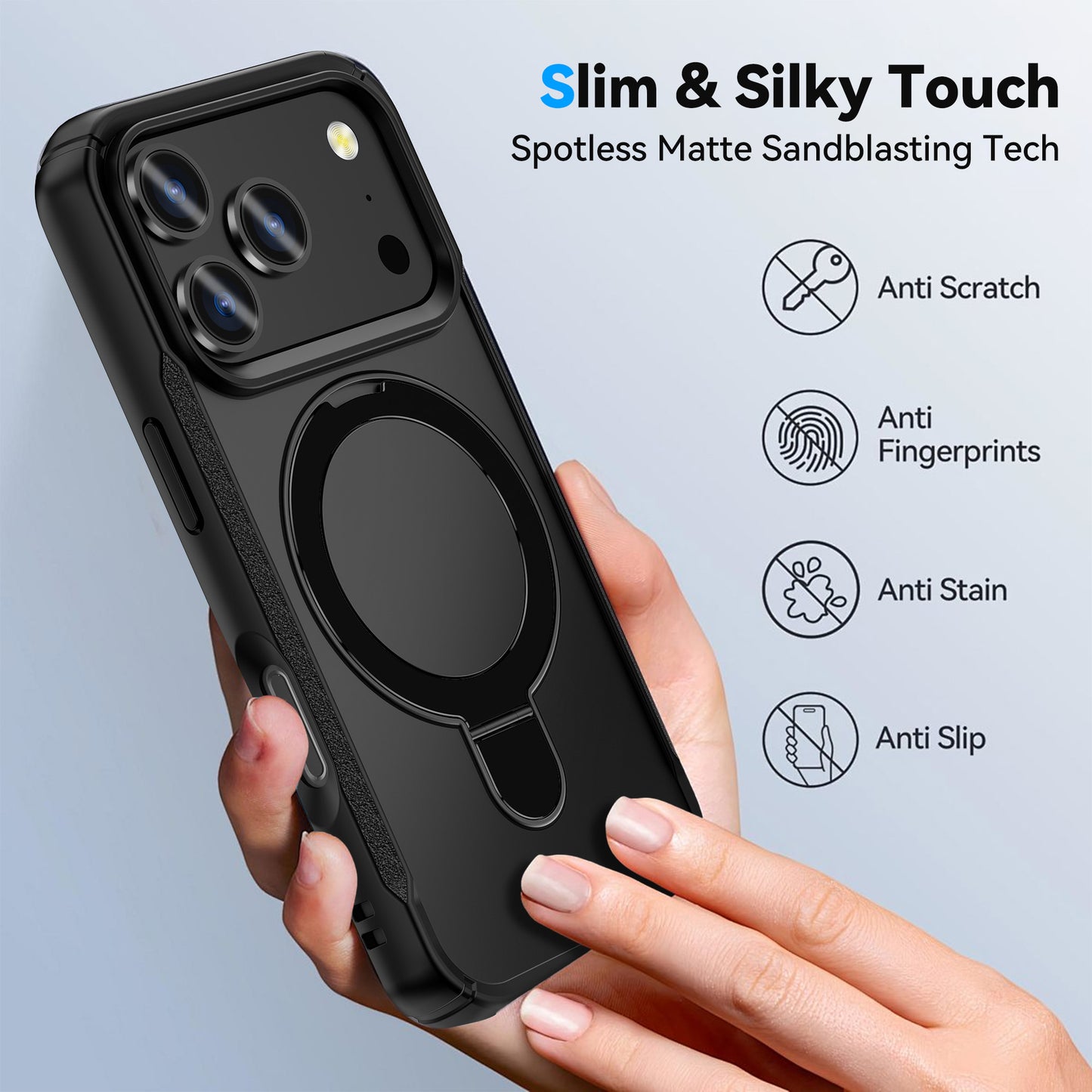 MALOM Kickstand Case for iPhone 17 Series – Slim Shockproof Anti-Fingerprint Cover with 2 Screen Protectors