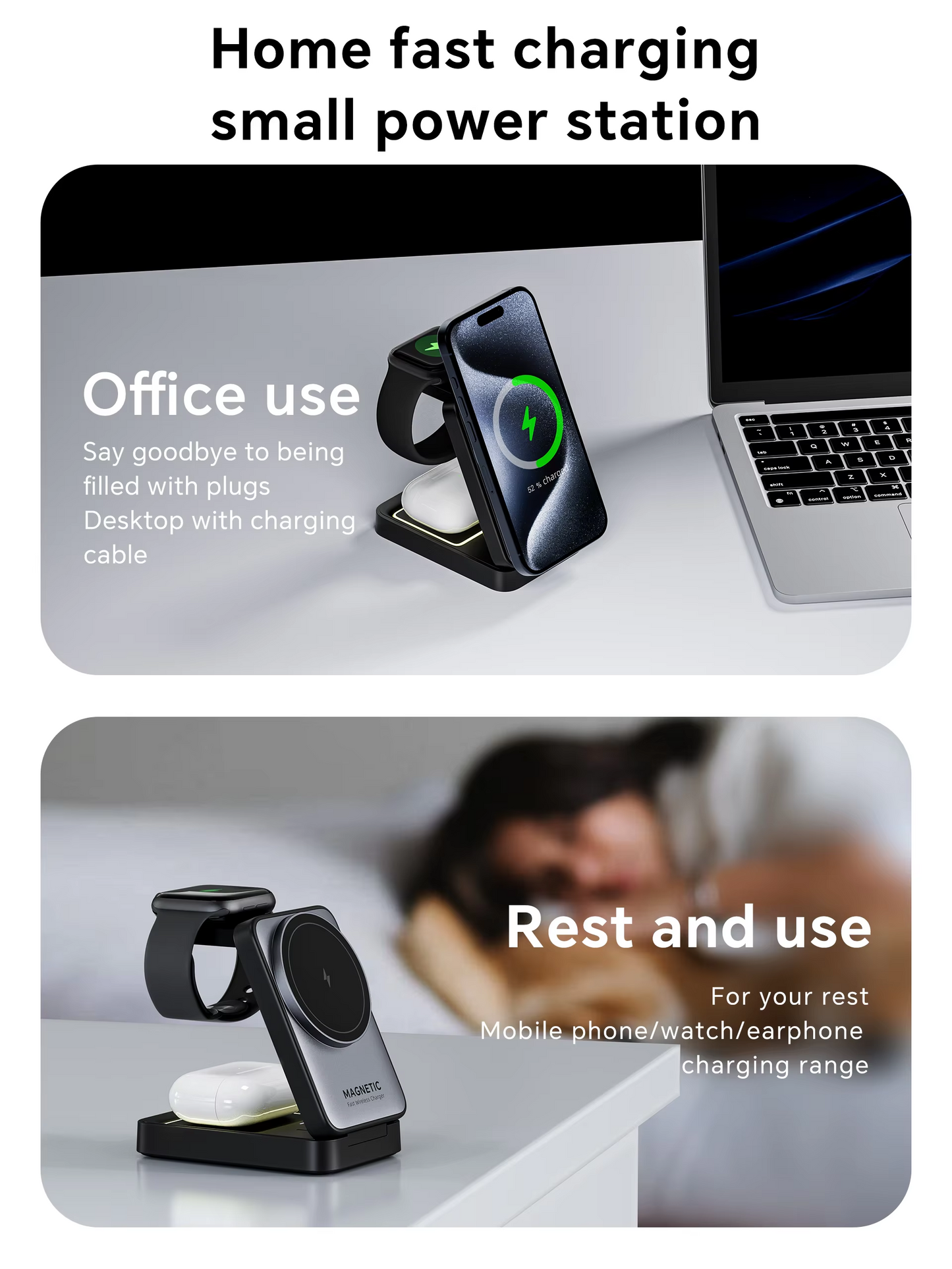 MALOM W91 3-in-1 Foldable Magnetic Wireless Charging Station-White