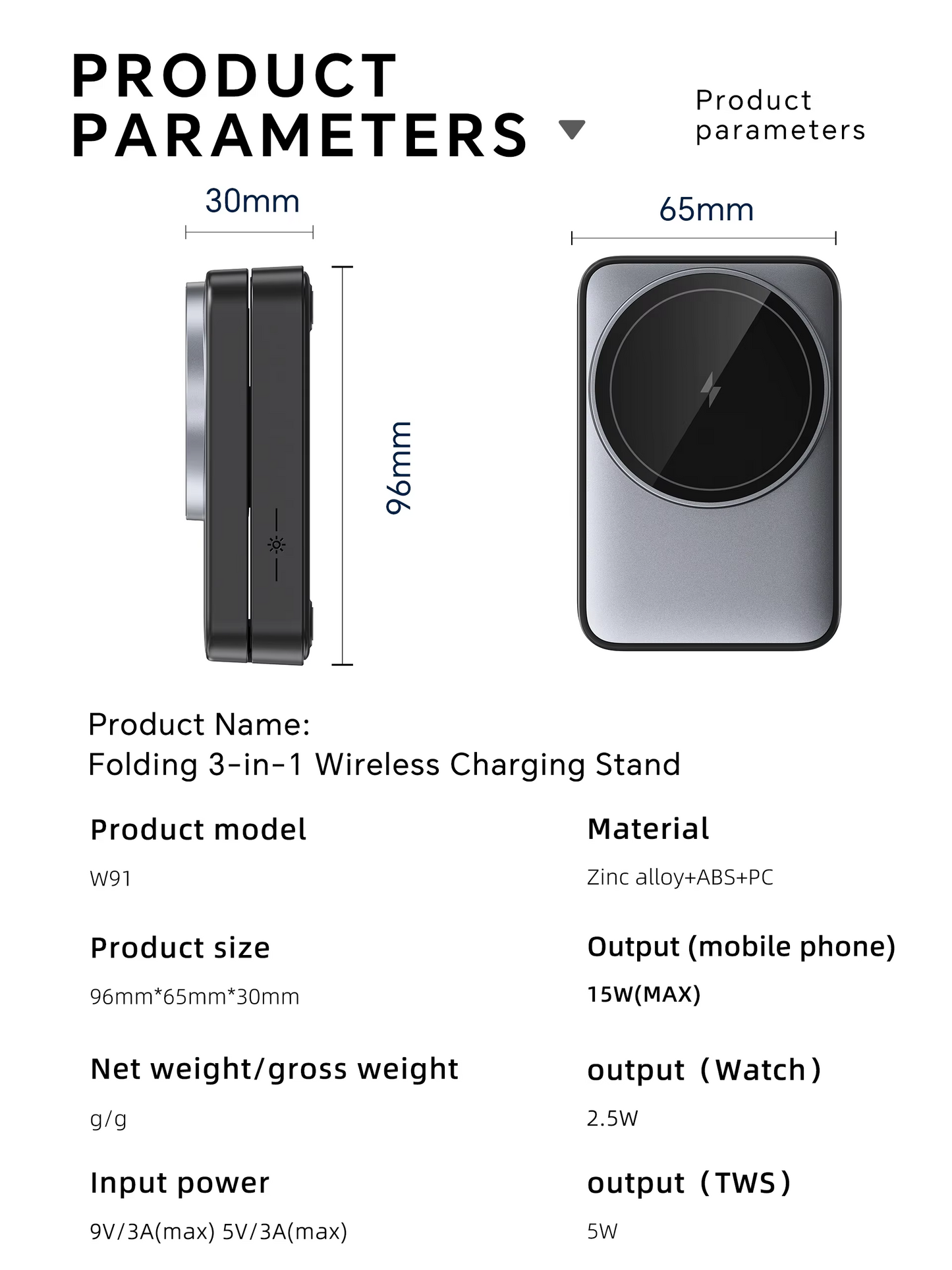 MALOM W91 3-in-1 Foldable Magnetic Wireless Charging Station-White