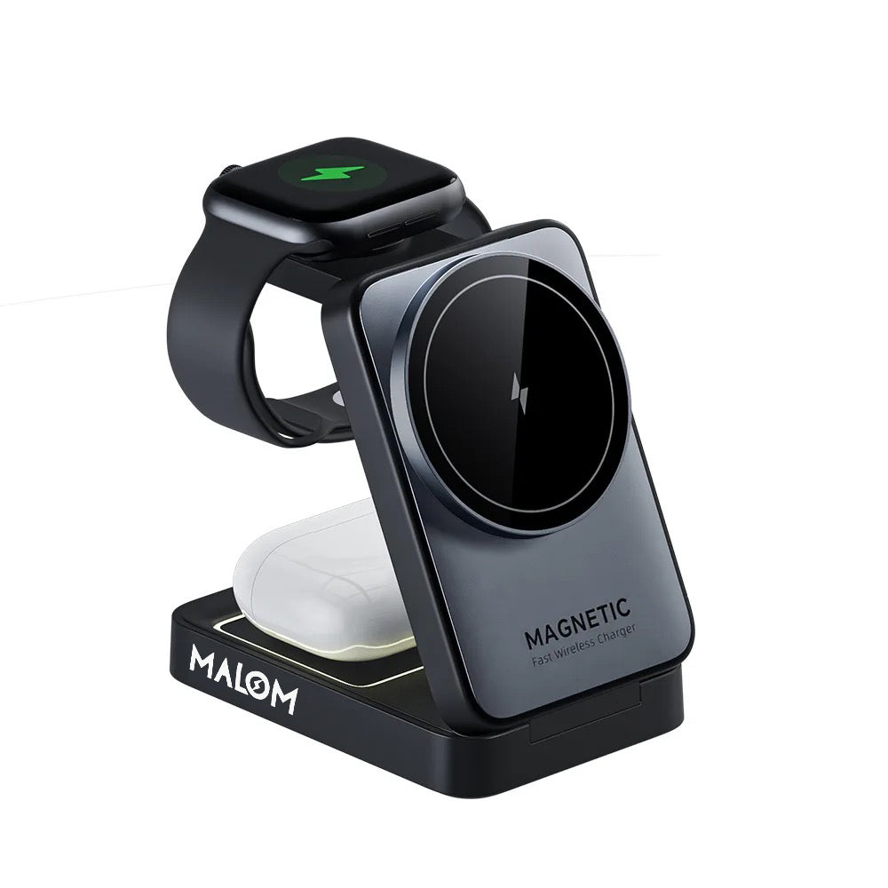 MALOM W91 3-in-1 Foldable Magnetic Wireless Charging Station-White